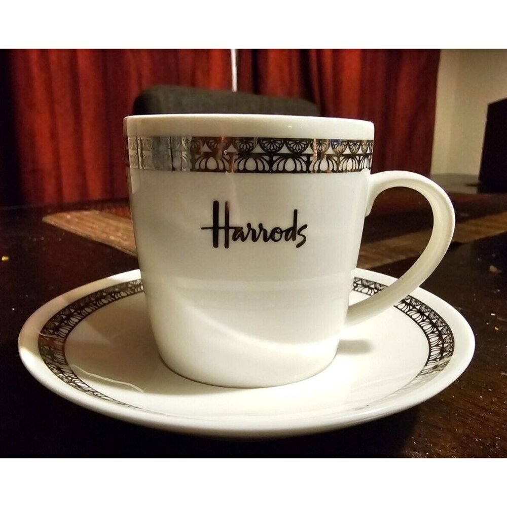 Harrods Espresso coffee Cup And Saucer. White‎ with silver border design